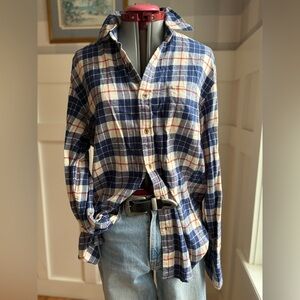 Men's Navy Flannel Plaid Shirt Boho Casual Size Large‎